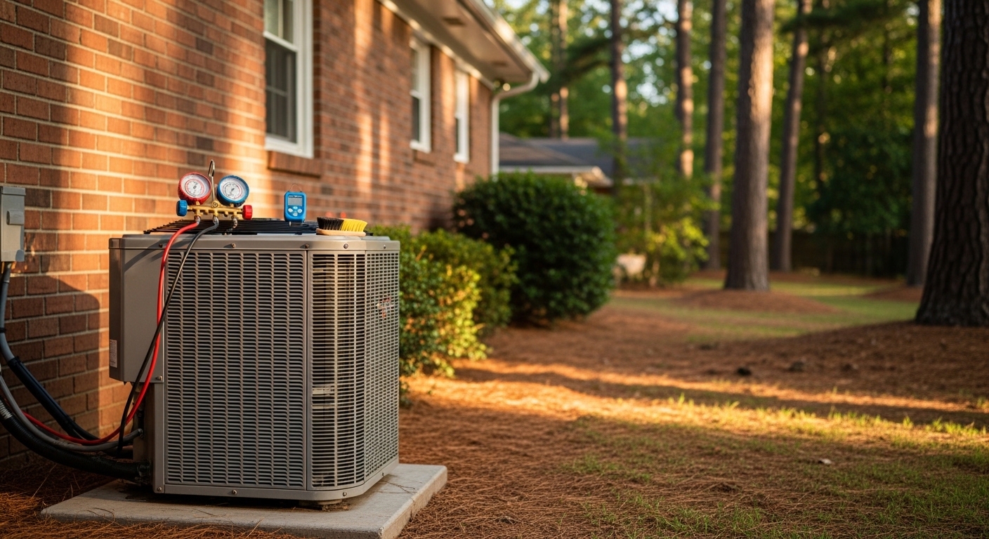 HVAC technician performing a preventive maintenance inspection on a residential air conditioning unit in Atlanta