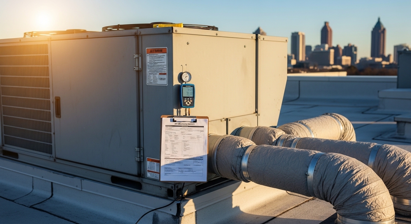 Commercial HVAC technician servicing a rooftop unit on an Atlanta office building
