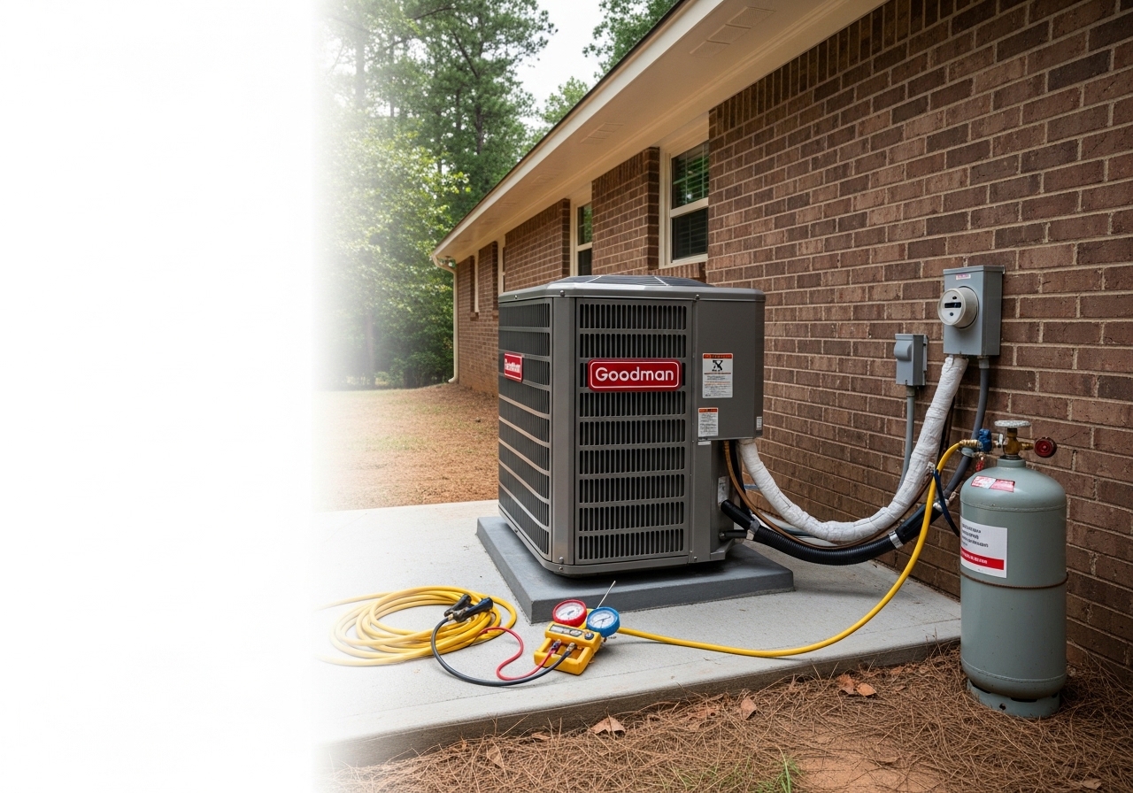 New 3-ton AC condenser unit installed beside a residential home in Decatur, GA after emergency replacement