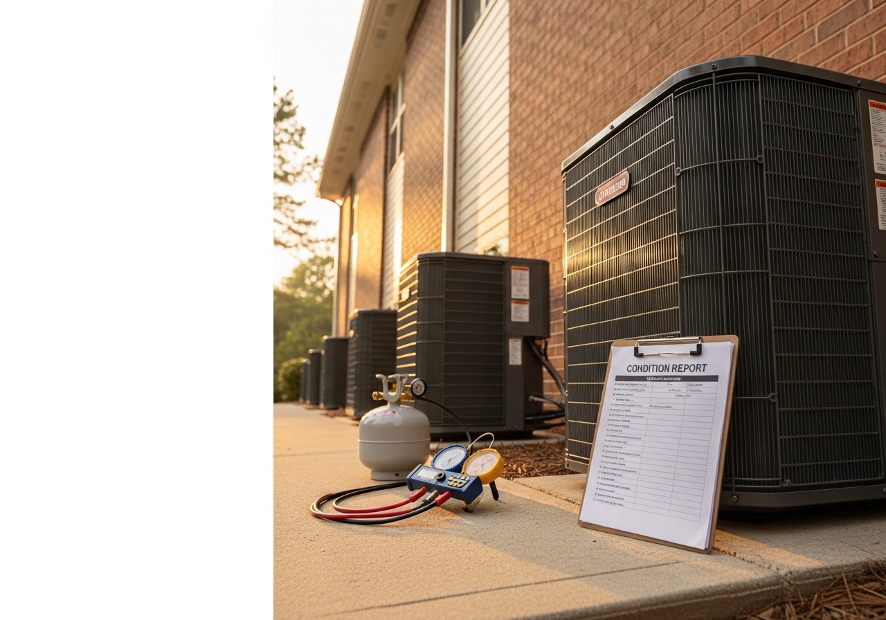 HVAC technician servicing a heat pump unit at a multi-unit residential complex in Atlanta, GA