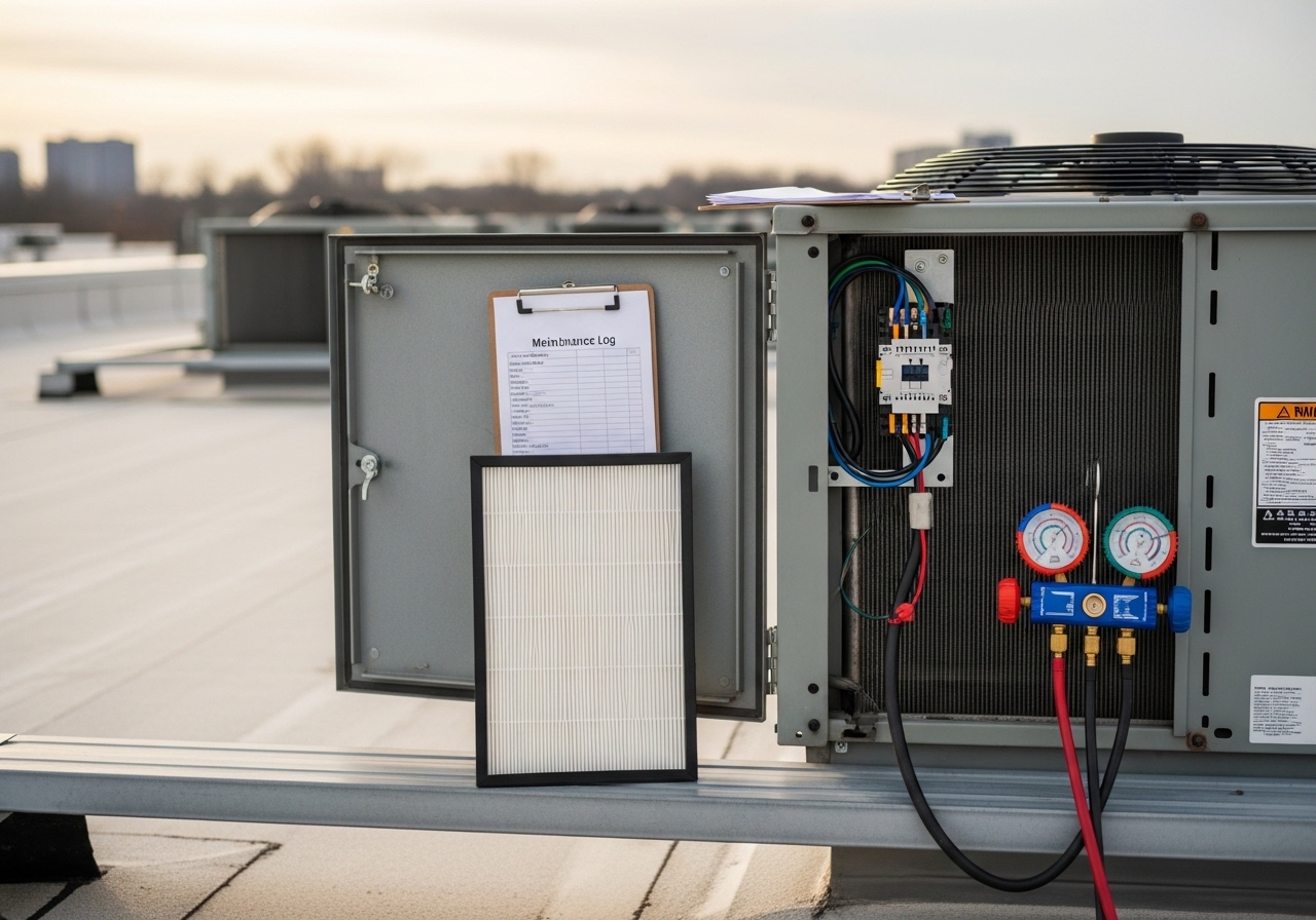 HVAC technician performing preventive maintenance on a rooftop unit at an office complex in Marietta, GA