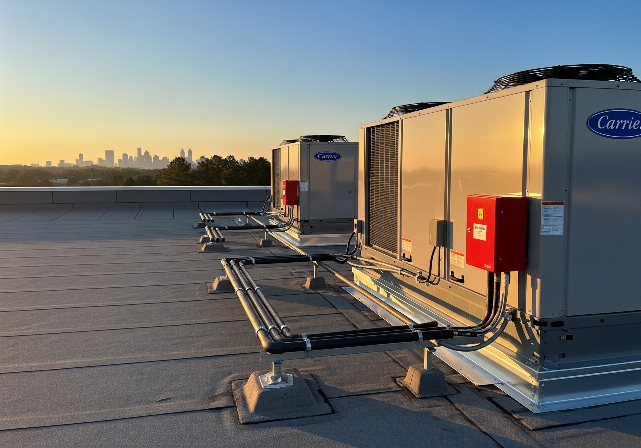 Commercial rooftop HVAC package unit being installed on a retail building in Atlanta, GA