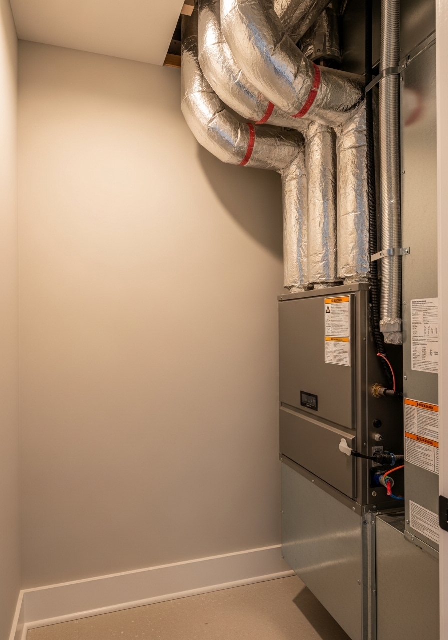 Technician adjusting airflow dampers inside a modern Alpharetta residential home with a high-efficiency HVAC system installed in the utility closet.