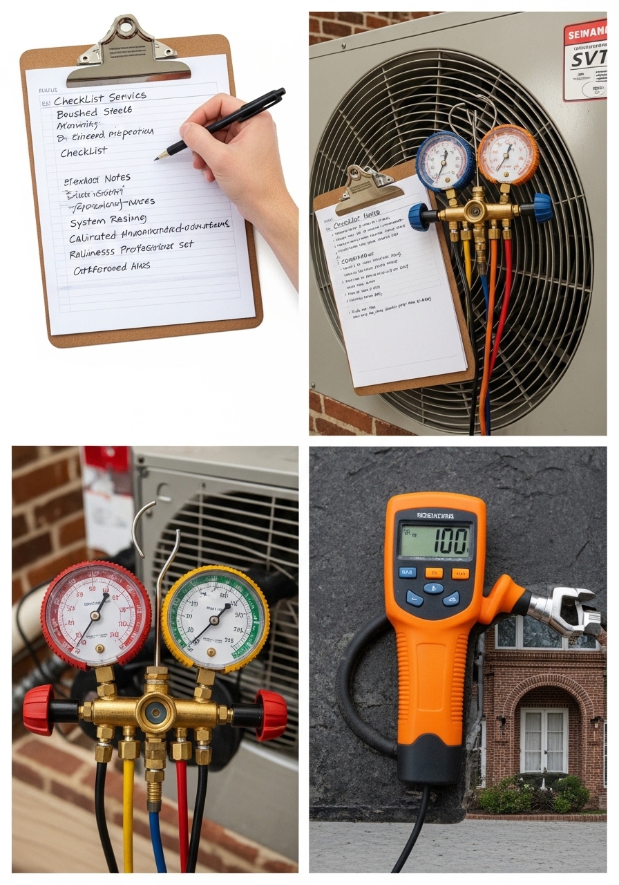 Close-up portrait of a technician in a work uniform reviewing an HVAC system checklist inside an Atlanta residential property.