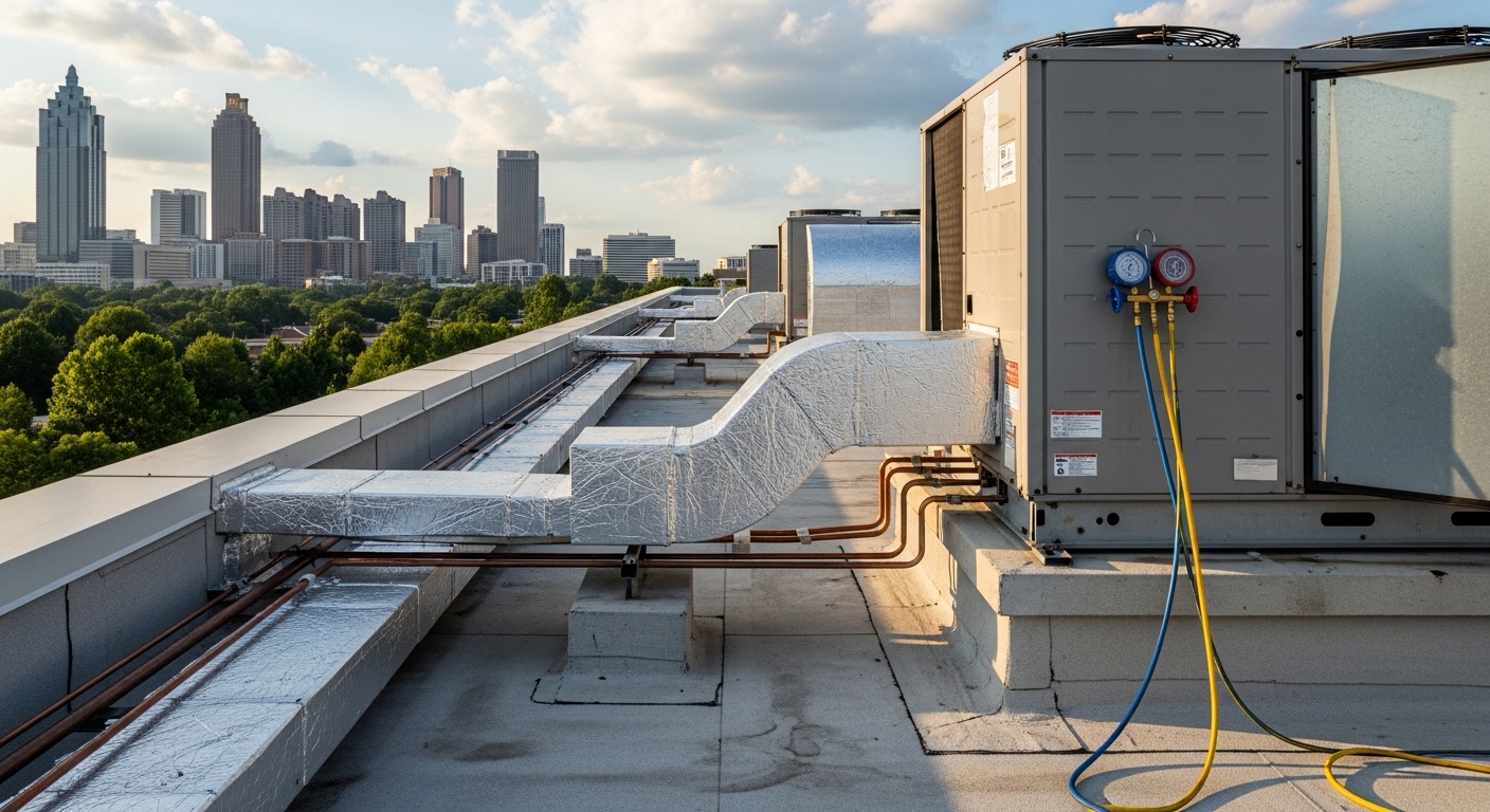 HVAC technician servicing a rooftop air handler unit on a mid-rise building in Atlanta, GA, with the Midtown skyline visible in the background.