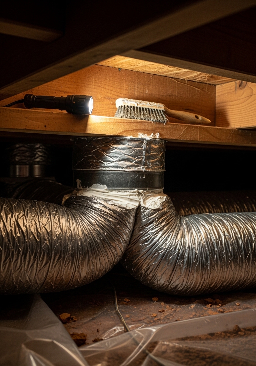 Technician inspecting ductwork connections in the crawl space of a mid-century ranch home in Decatur, GA, with a flashlight and inspection tools visible.