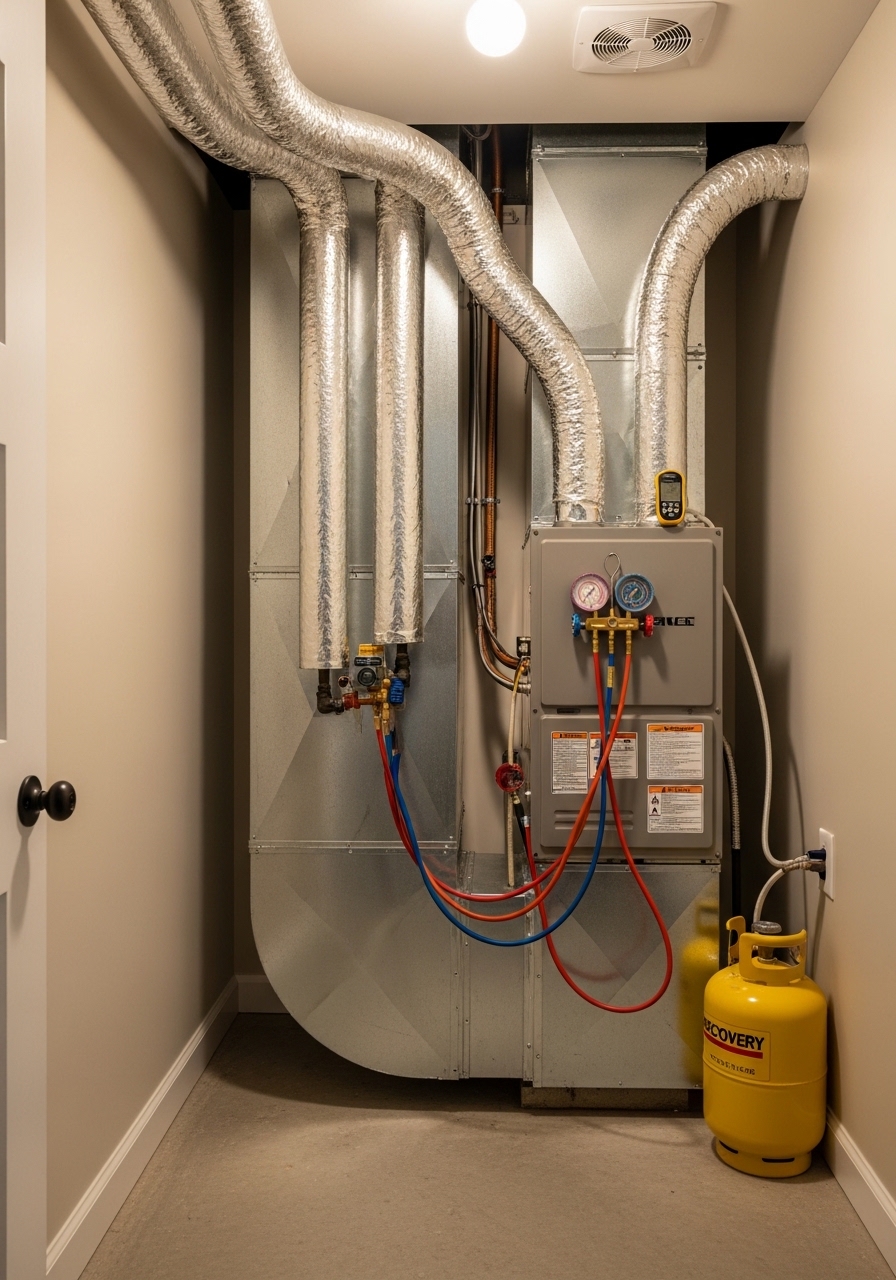 Technician checking refrigerant levels on an HVAC system inside a Marietta home with visible ductwork in the utility room.