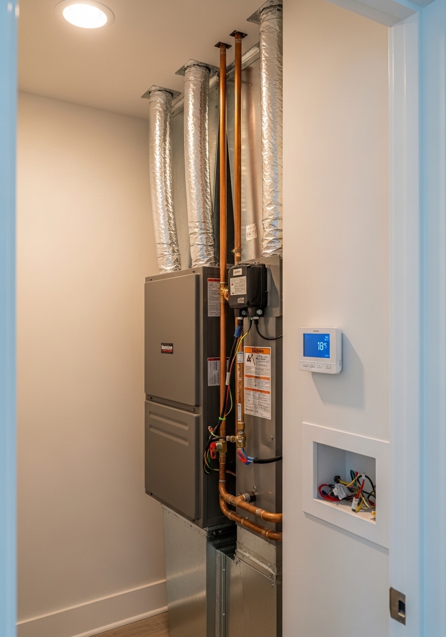 Technician reviewing an HVAC system control panel inside a modern Smyrna townhome near the Cumberland corridor, with mechanical room equipment visible.