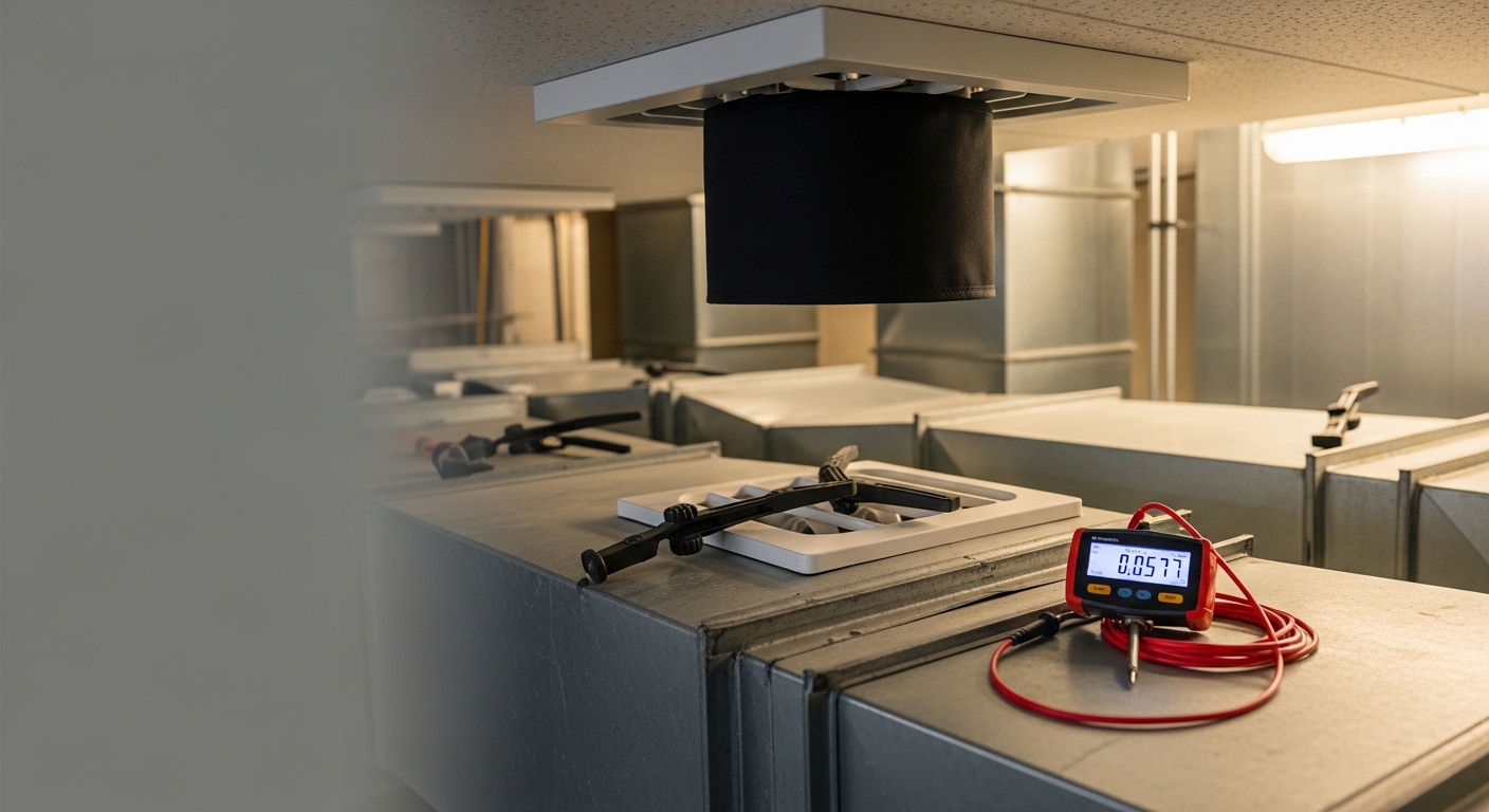 An HVAC technician using a flow hood to measure air output at a ceiling register inside a commercial building in Atlanta, GA. The technician records airflow readings on a clipboard as part of a professional air balancing service.