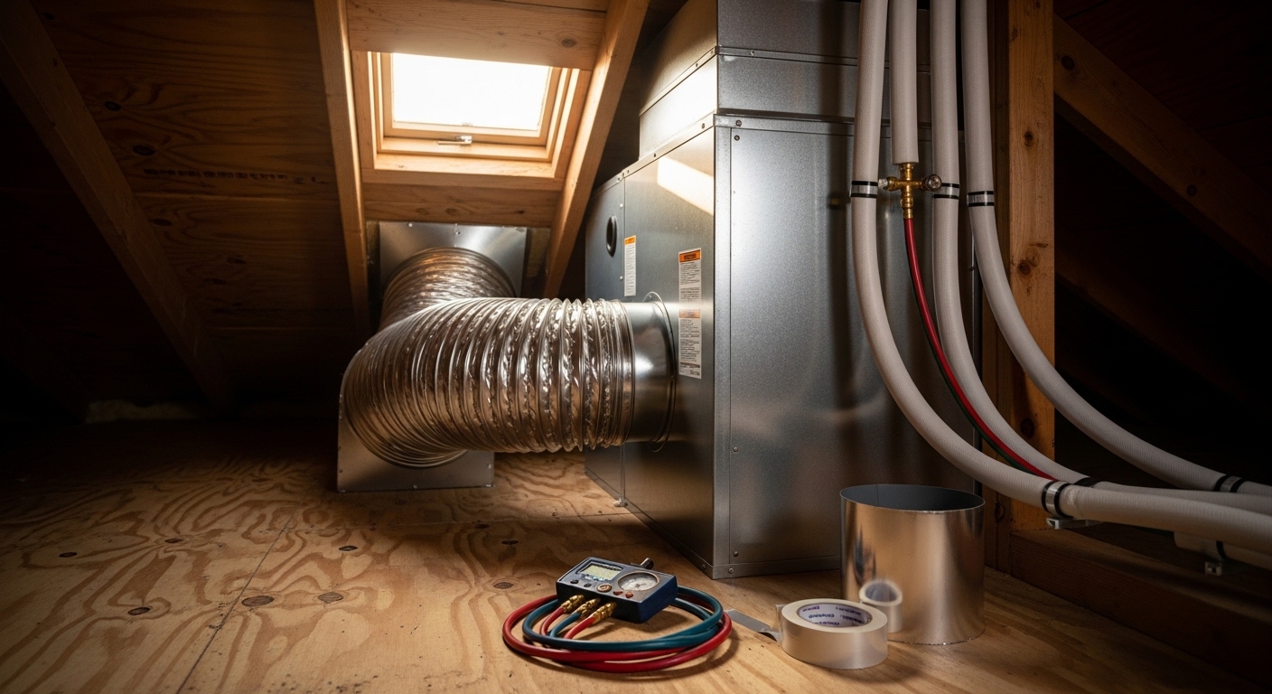 A newly installed residential air handler unit mounted in an attic space inside an Atlanta, GA home. The unit is connected to ductwork and refrigerant lines, with clean sheet metal work visible around the installation area.