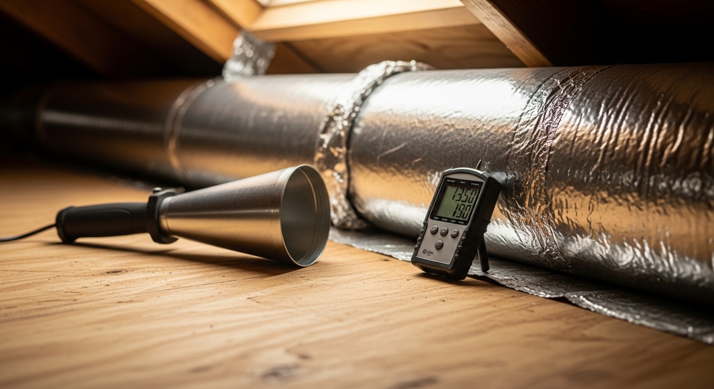 A mechanical contractor from Beta HVAC Services LLC measuring static pressure at a supply vent inside an Atlanta, GA commercial building. The technician holds a digital manometer while inspecting a ceiling-mounted air register.