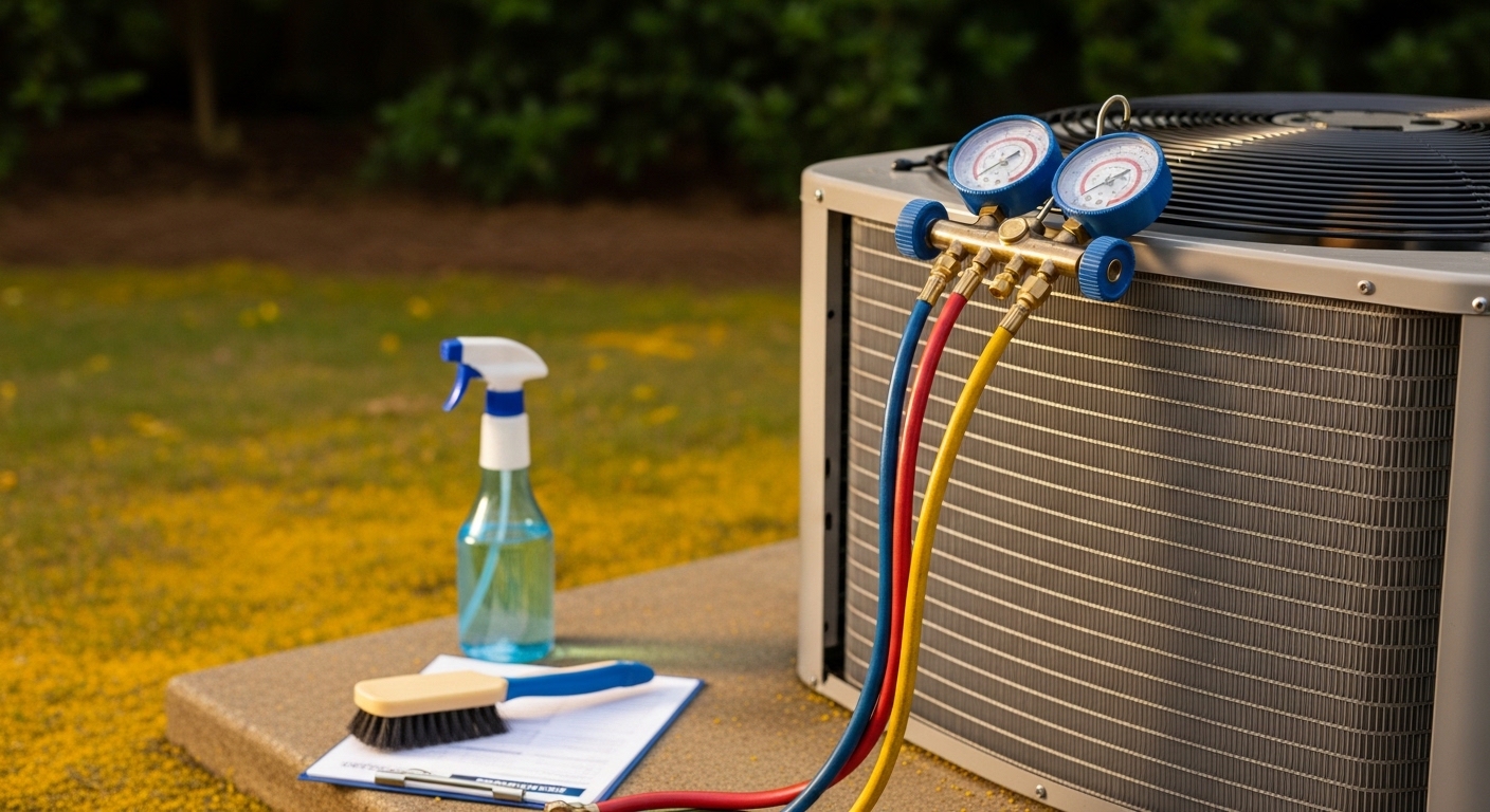 An HVAC technician cleaning the condenser coil on an outdoor AC unit at a residential property in Atlanta, GA. The unit sits beside a home with visible pollen and debris removed from the coil fins during the service.