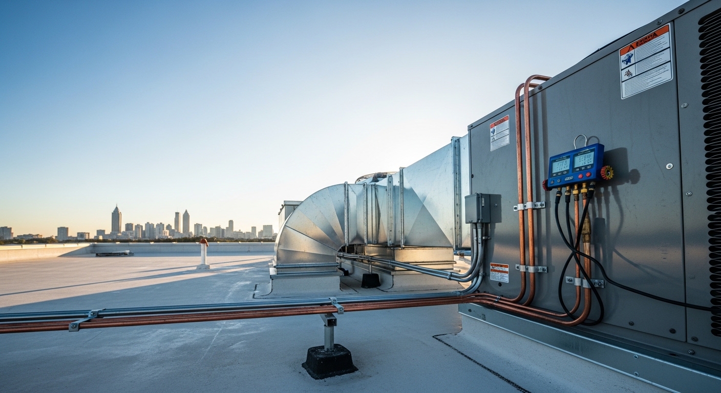 A licensed technician from Beta HVAC Services LLC inspecting a newly installed commercial rooftop HVAC unit on a flat-roof commercial building in Atlanta, GA. Ductwork connections and control wiring are visible on the unit's exterior panel.