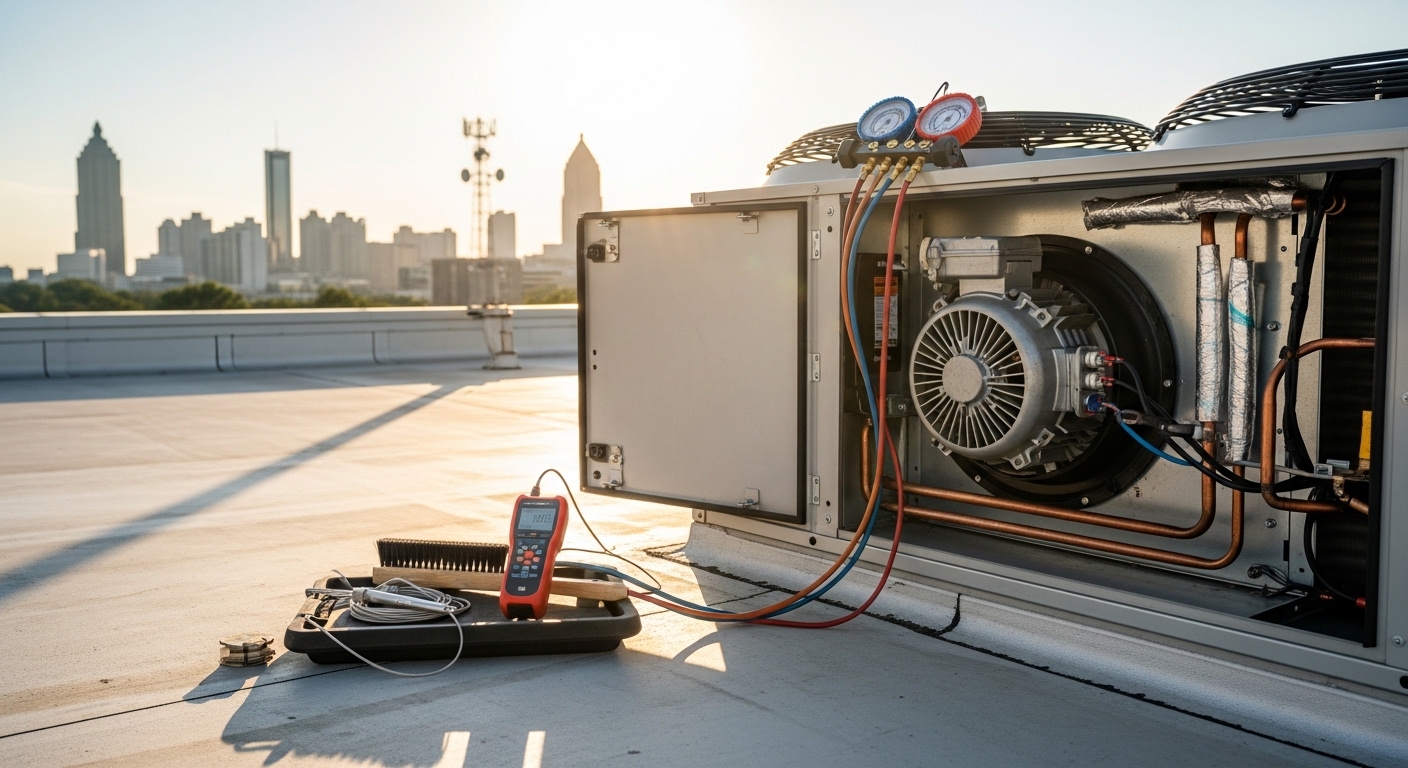 A commercial HVAC technician inspecting a rooftop unit on a flat-roof office building in Atlanta, GA. The technician checks refrigerant lines and electrical connections on a multi-zone commercial system.