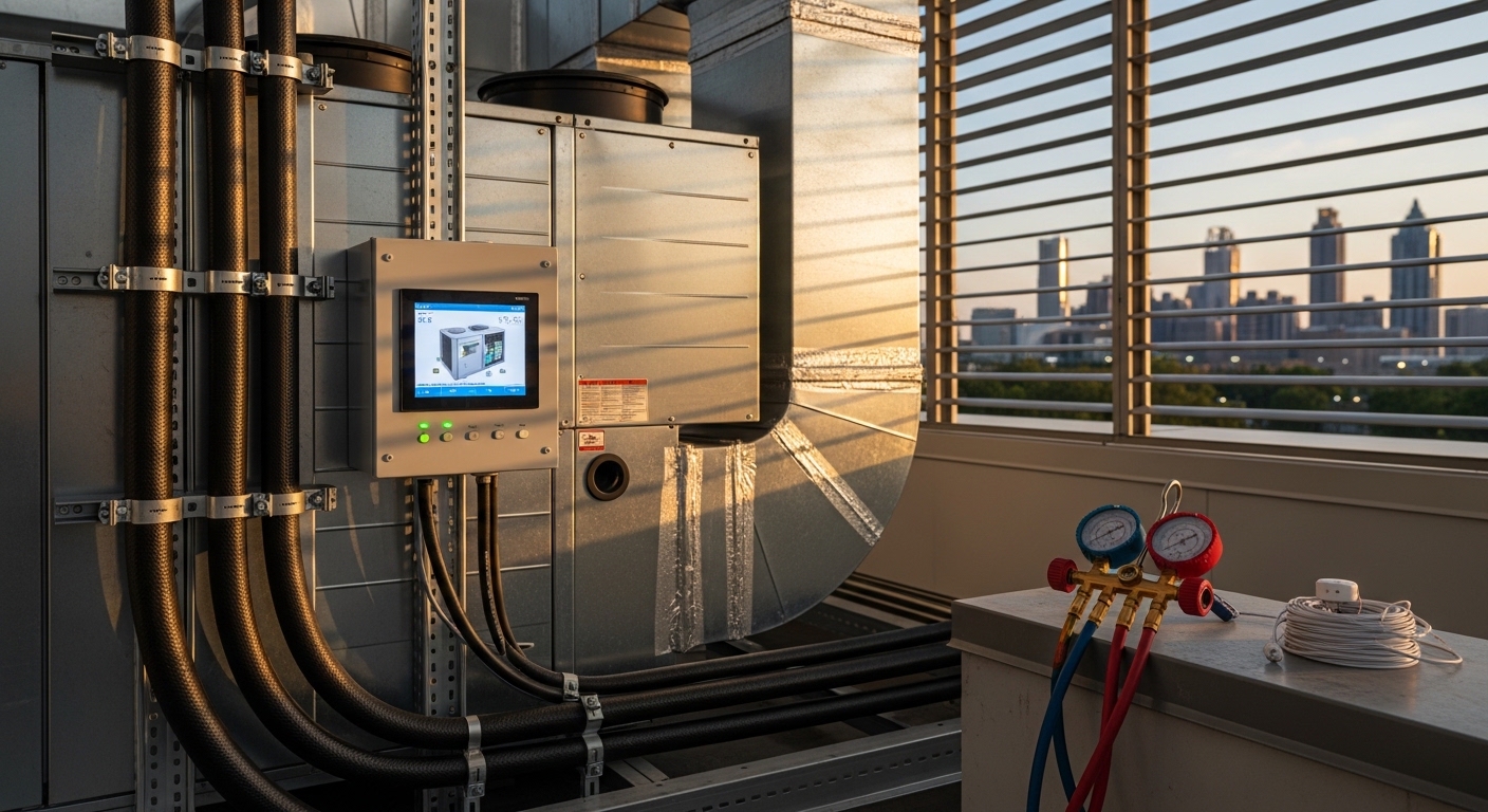 A mechanical contractor from Beta HVAC Services LLC inspecting commercial air handling equipment inside an Atlanta, GA facility during a system retrofit assessment. Updated ductwork and control panels are visible in the background of the commercial mechanical room.