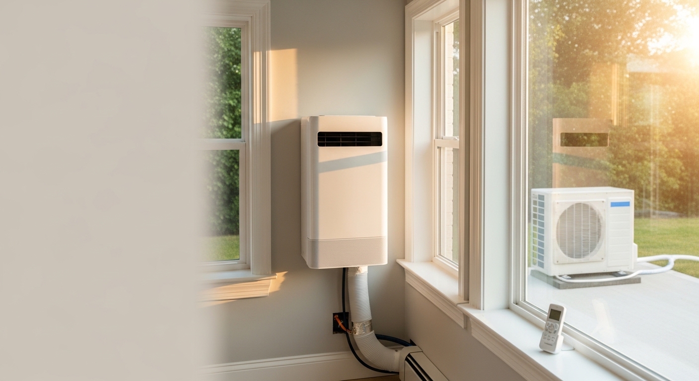 A wall-mounted ductless mini-split indoor air handler installed in a residential room in Atlanta, GA. The compact white unit sits above a window with insulated refrigerant lines routed neatly along the exterior wall to a small outdoor condenser unit.