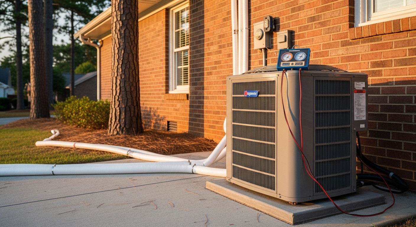 A newly installed heat pump outdoor unit positioned beside a residential home on a tree-lined street in Atlanta's 30318 area. A Beta HVAC Services LLC technician checks system connections during post-installation testing.