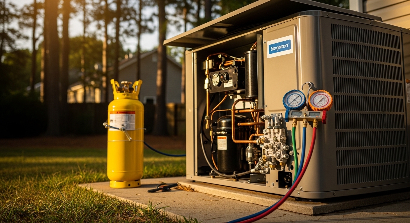 An HVAC technician inspecting the outdoor unit of a residential heat pump at an Atlanta, GA home. The technician checks refrigerant lines and coil condition on a warm, humid Georgia day.
