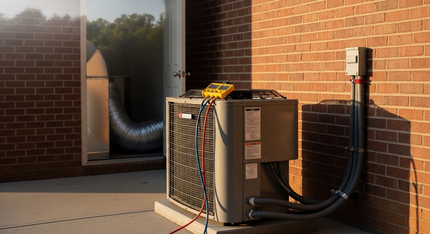 A newly installed HVAC outdoor condenser unit positioned beside a residential property in Atlanta, GA, with clean refrigerant line sets and a secure concrete pad. Interior air handler mounted in a utility closet with connected ductwork and a digital thermostat on the wall nearby.