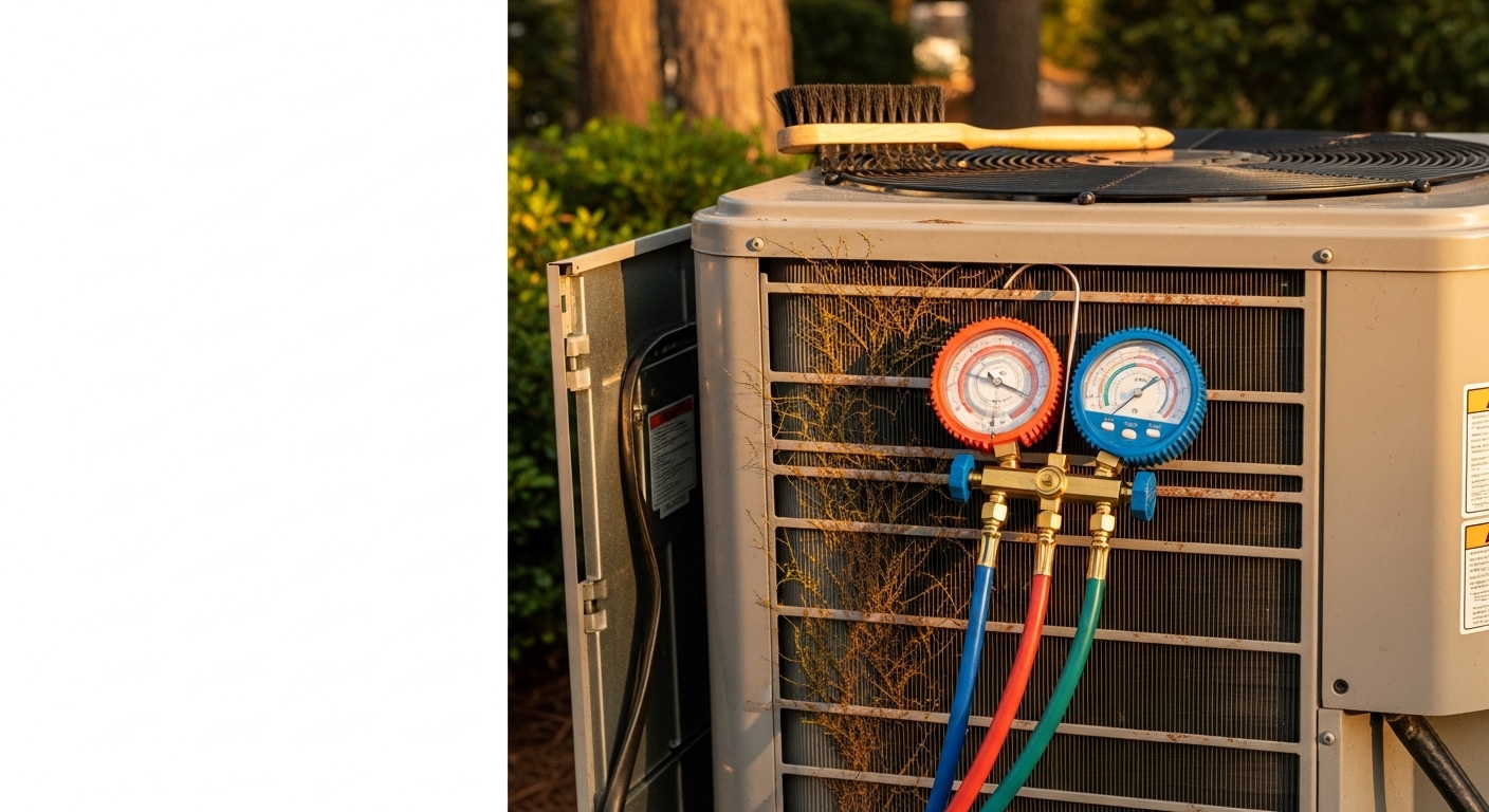 A Beta HVAC Services LLC technician cleaning the condenser coils of a residential air conditioning unit outside an Atlanta, GA home. The outdoor unit sits on a concrete pad with the technician using professional tools to remove pollen and debris buildup.