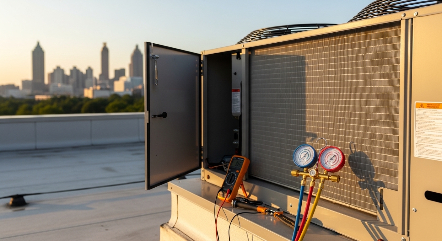 A commercial rooftop unit mounted on a flat roof of a commercial building in Atlanta, GA, with a technician from Beta HVAC Services LLC inspecting the condenser coil and electrical panel. The Atlanta skyline is visible in the background under a clear summer sky.