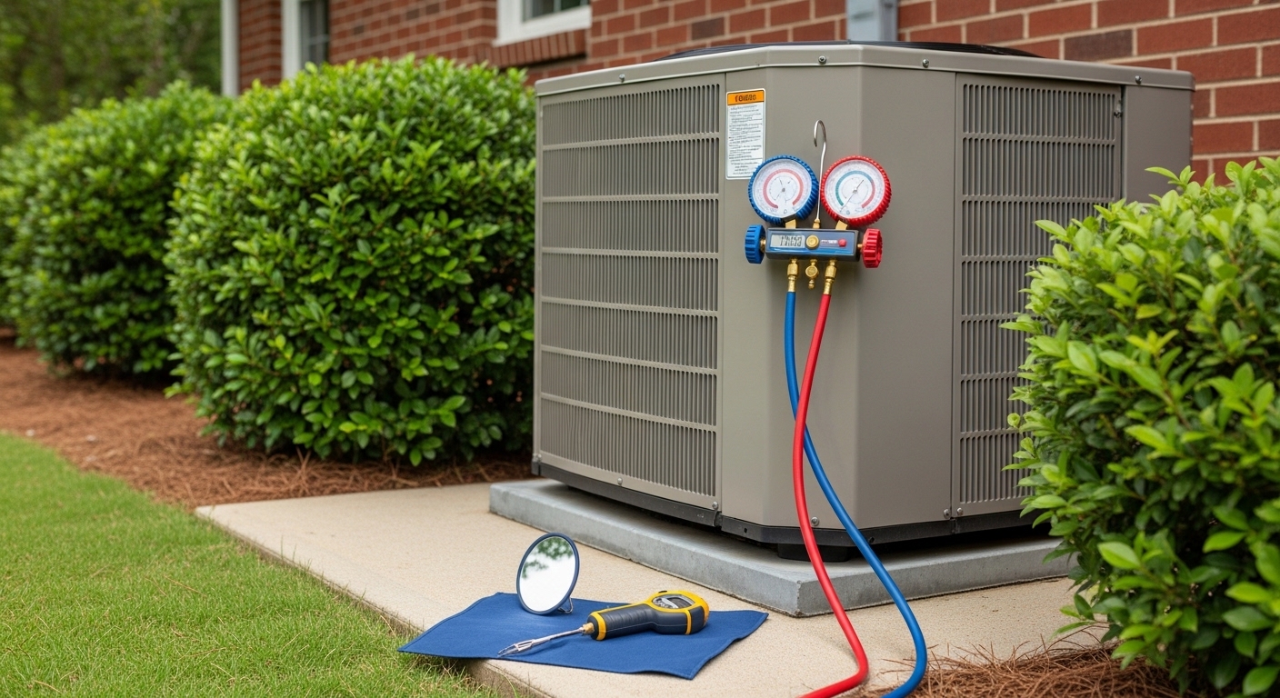 A Beta HVAC Services LLC technician inspecting an outdoor AC condenser unit at an Atlanta, GA residential property near Northside Drive. The technician checks coil condition and electrical connections during a seasonal HVAC inspection.