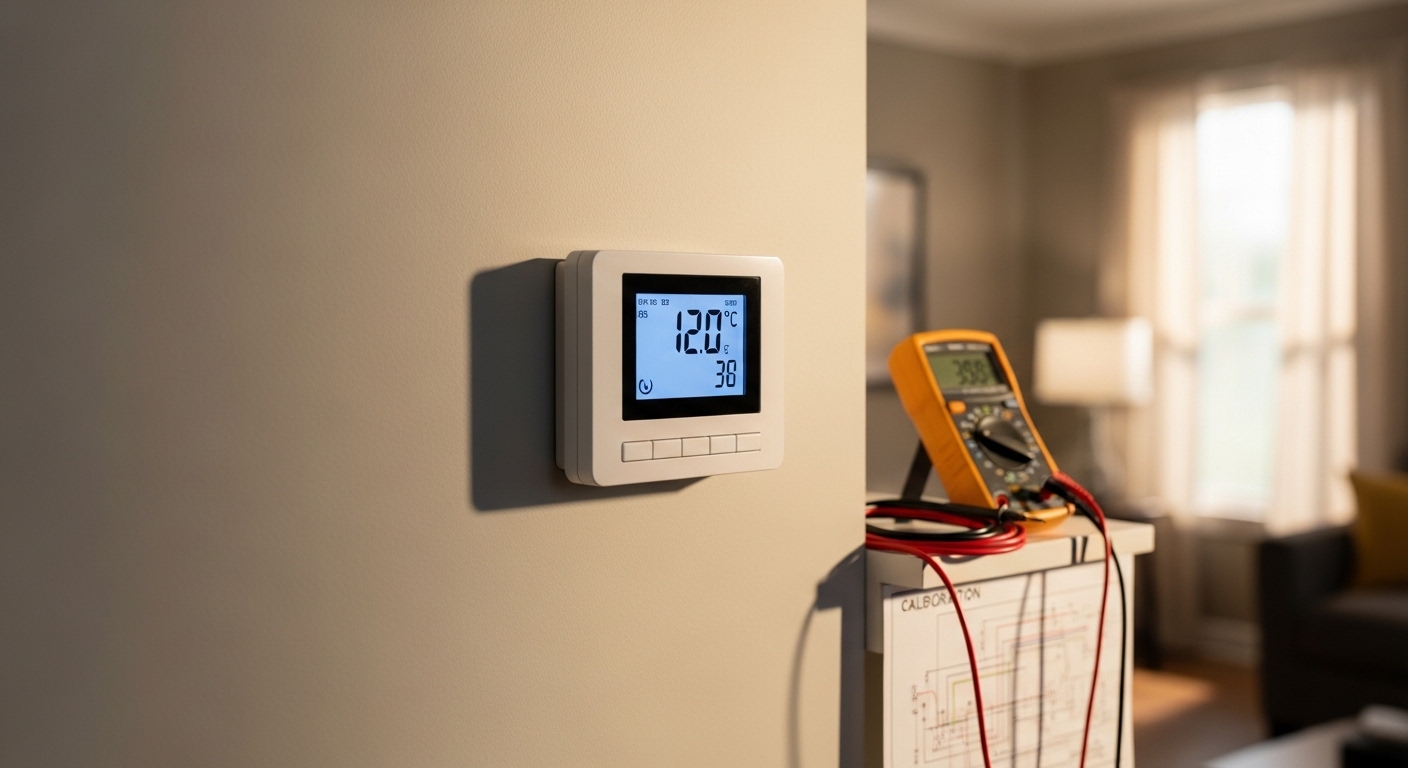 An HVAC technician testing thermostat calibration on a wall-mounted control unit inside an Atlanta, GA home. The technician checks wiring connections and verifies the system response during a controls inspection.